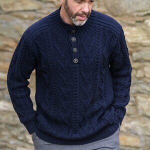 Aran Sweater Market Heavyweight Buttoned Merino Cable Knit 100% Wool Mock Neck M